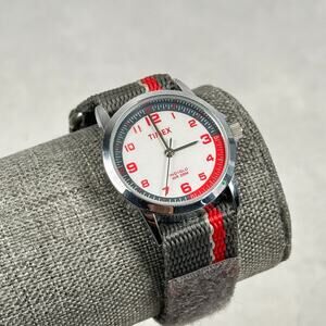 Timex Watch Womens 30mm Gray Red Striped Indiglo Nylon Band New Battery